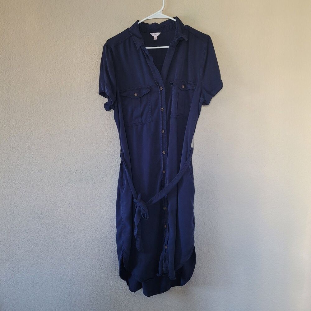 Utility Safari Teddi Rose Womens Large Navy Blue Tencel Button Front Shirt Dress